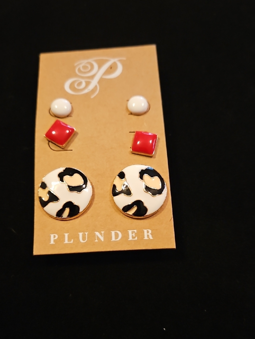 Plunder Triple Stud Earring Set in White, Red & Black